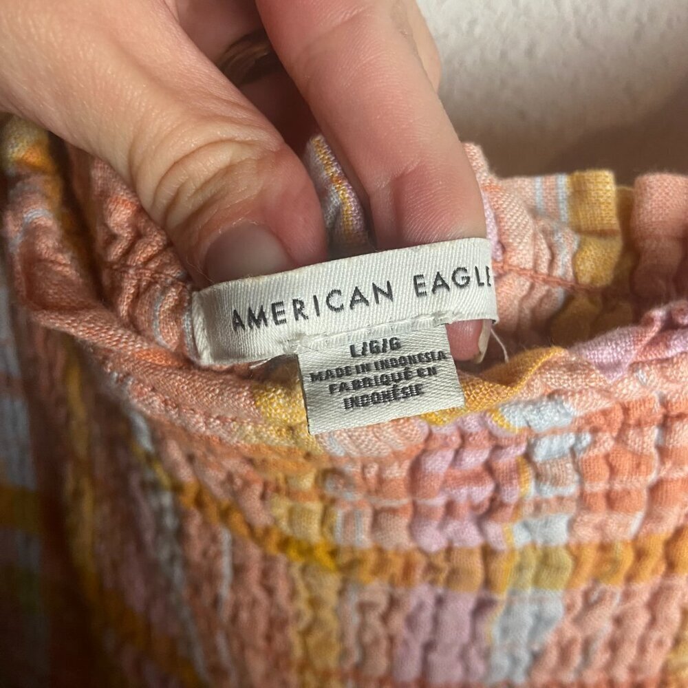 American Eagle Size L Dream Smocked Tank Dress Colorful Plaid Linen Mini Cottage - Picture 4 of 9